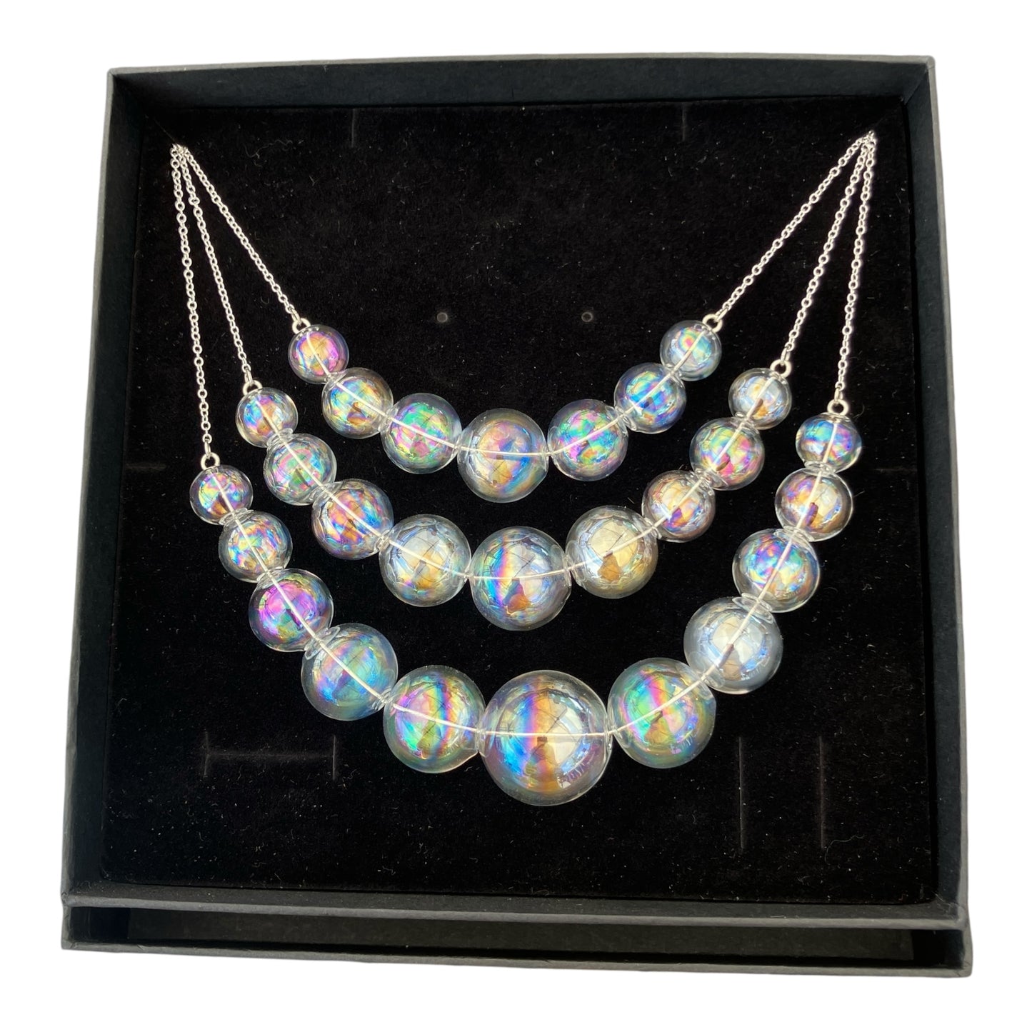 Triple strand glass bubble necklace