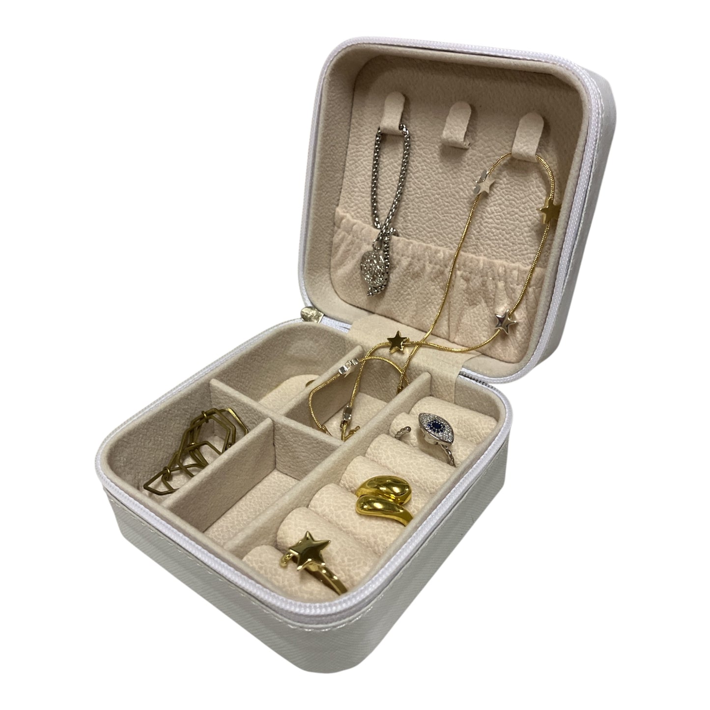 Travel jewellery box - white with blue & green flash