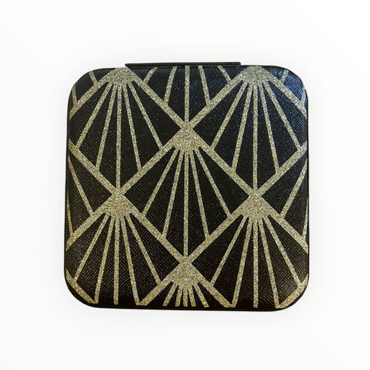 Travel jewellery box - black with gold deco pattern