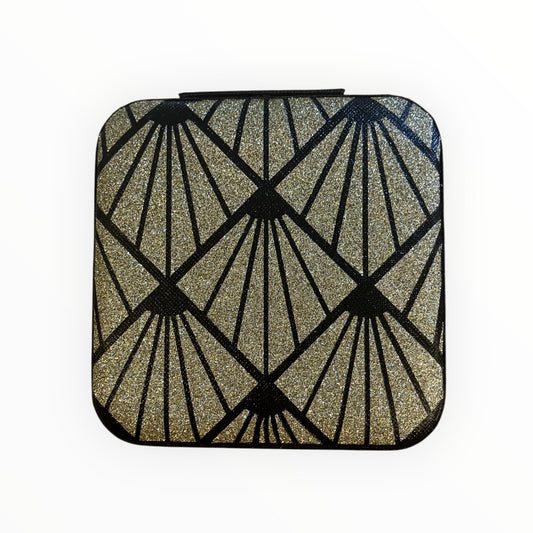 Travel jewellery box - black with bold gold deco pattern