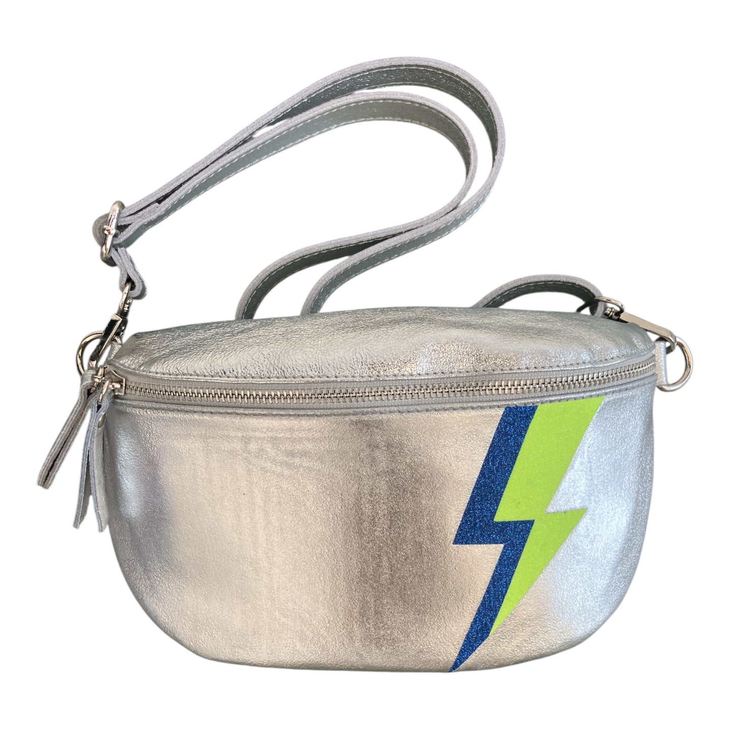 Superhero bum bag - silver, blue & fluro yellow flash