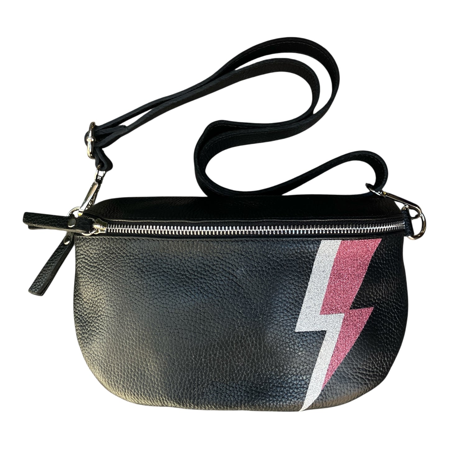 Superhero bum bag - black, silver & pink flash