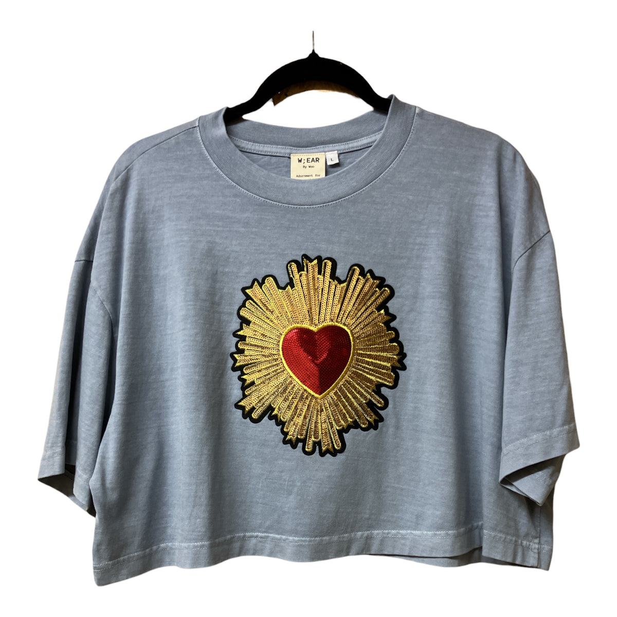 Sacred Heart Washed Denim Cropped Tee L