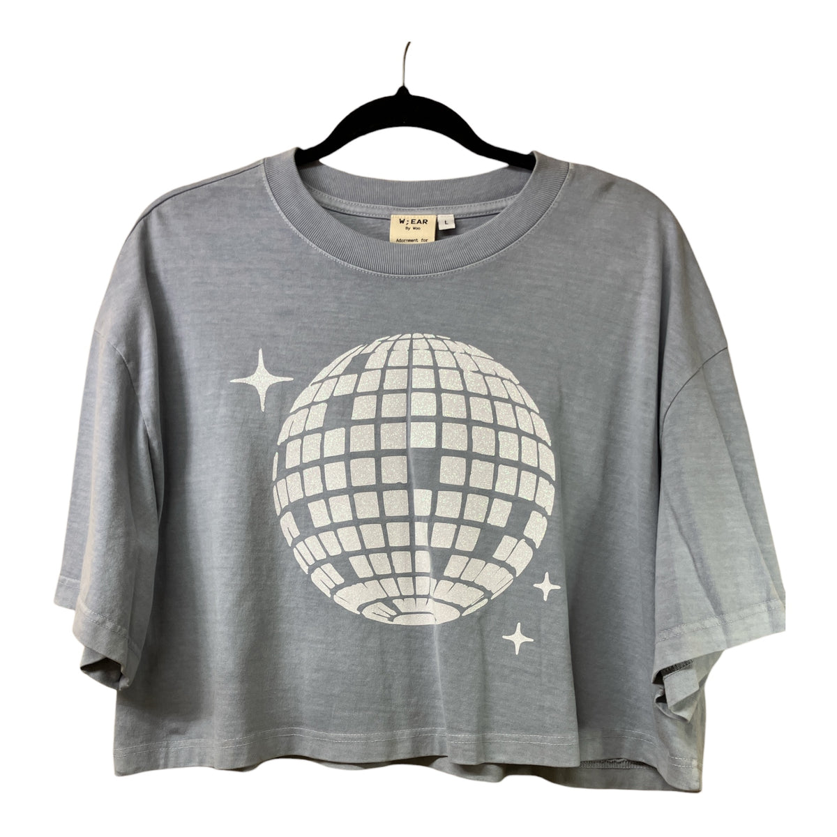Disco Ball Washed Denim Cropped Tee L