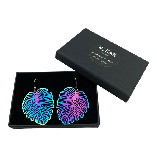 Rainbow monstera earrings