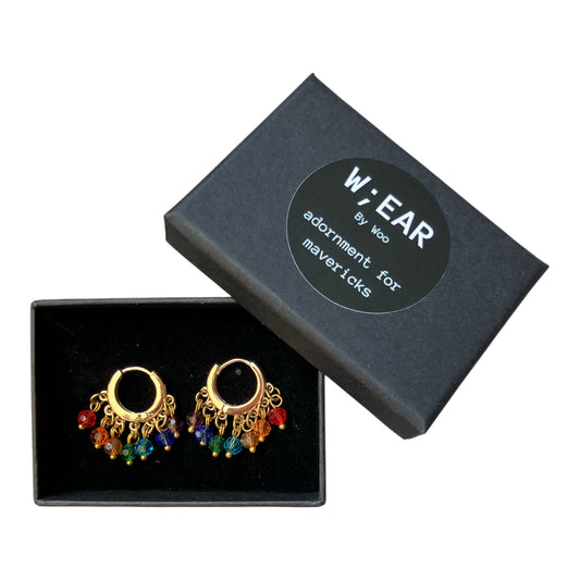 Beaded rainbow huggy hoops