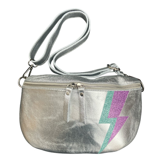 Superhero bum bag - silver, blue & pink flash