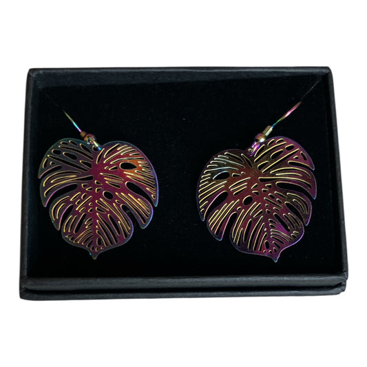Rainbow monstera earrings