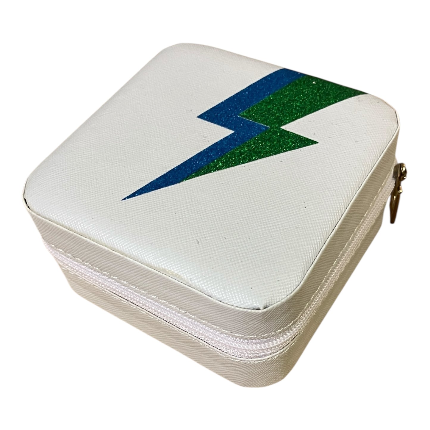 Travel jewellery box - white with blue & green flash