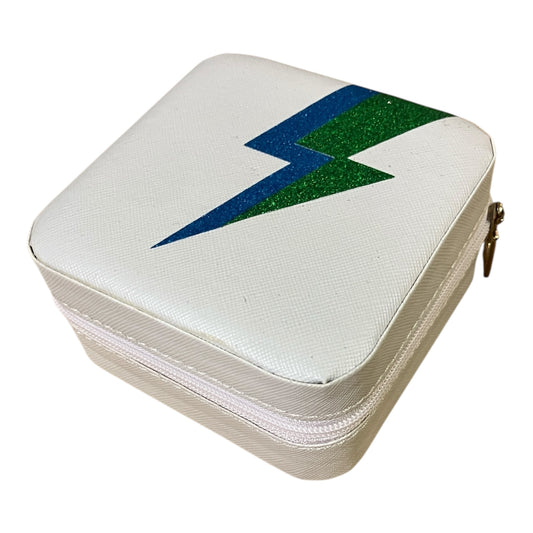 Travel jewellery box - white with blue & green flash