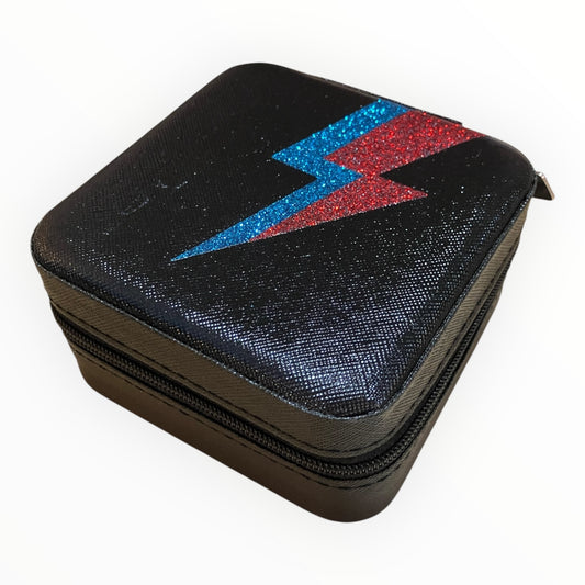 Travel jewellery box - black with blue & red flash