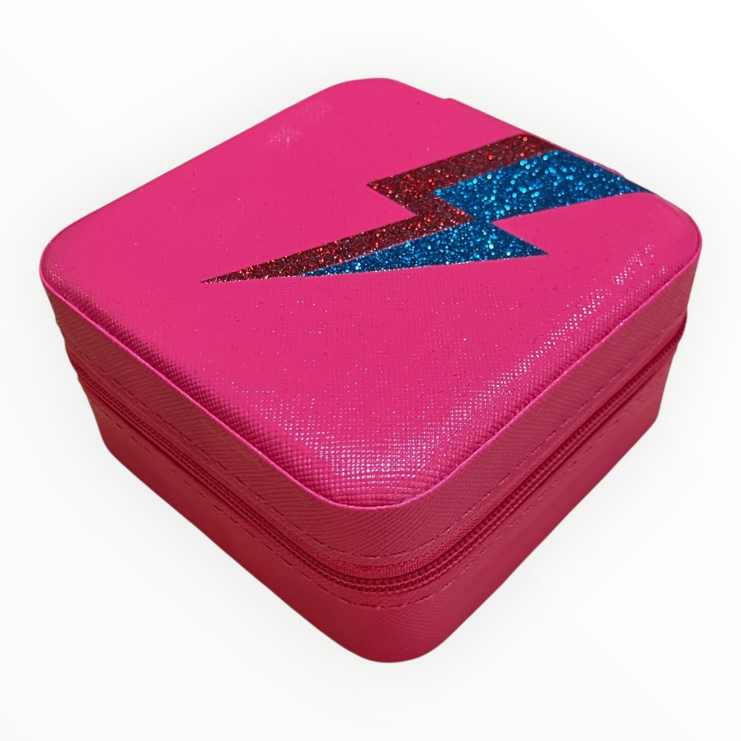Travel jewellery box - pink with red & blue flash