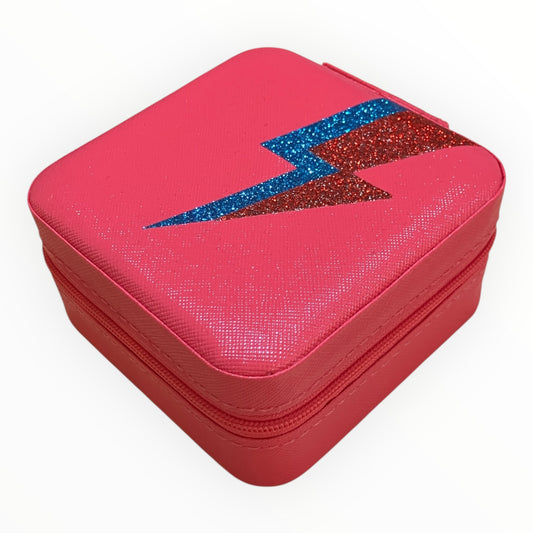 Travel jewellery box - pink with blue & red flash