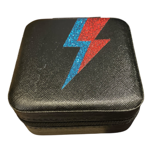 Travel jewellery box - black with blue & red flash