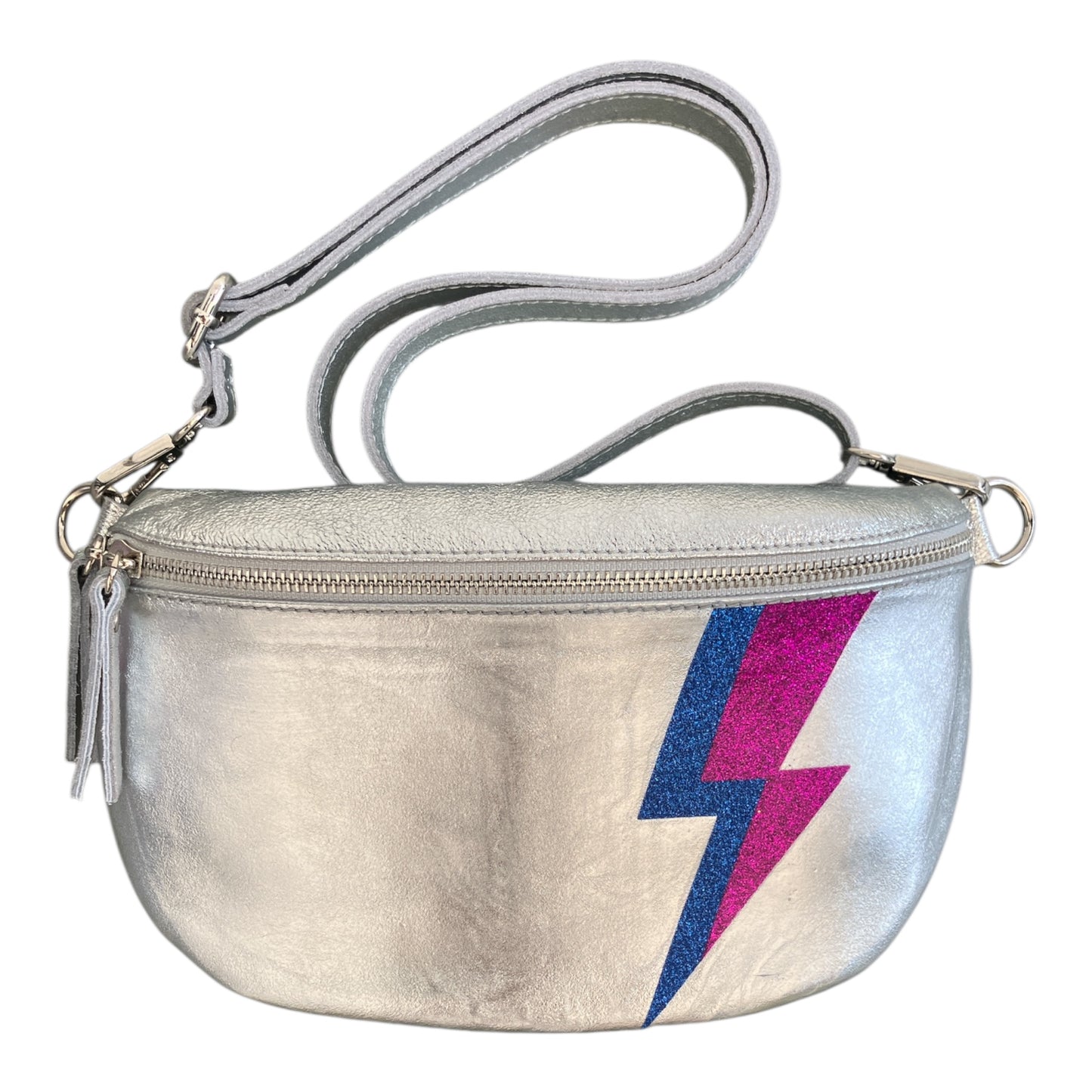 Superhero bum bag - silver, blue & purple flash