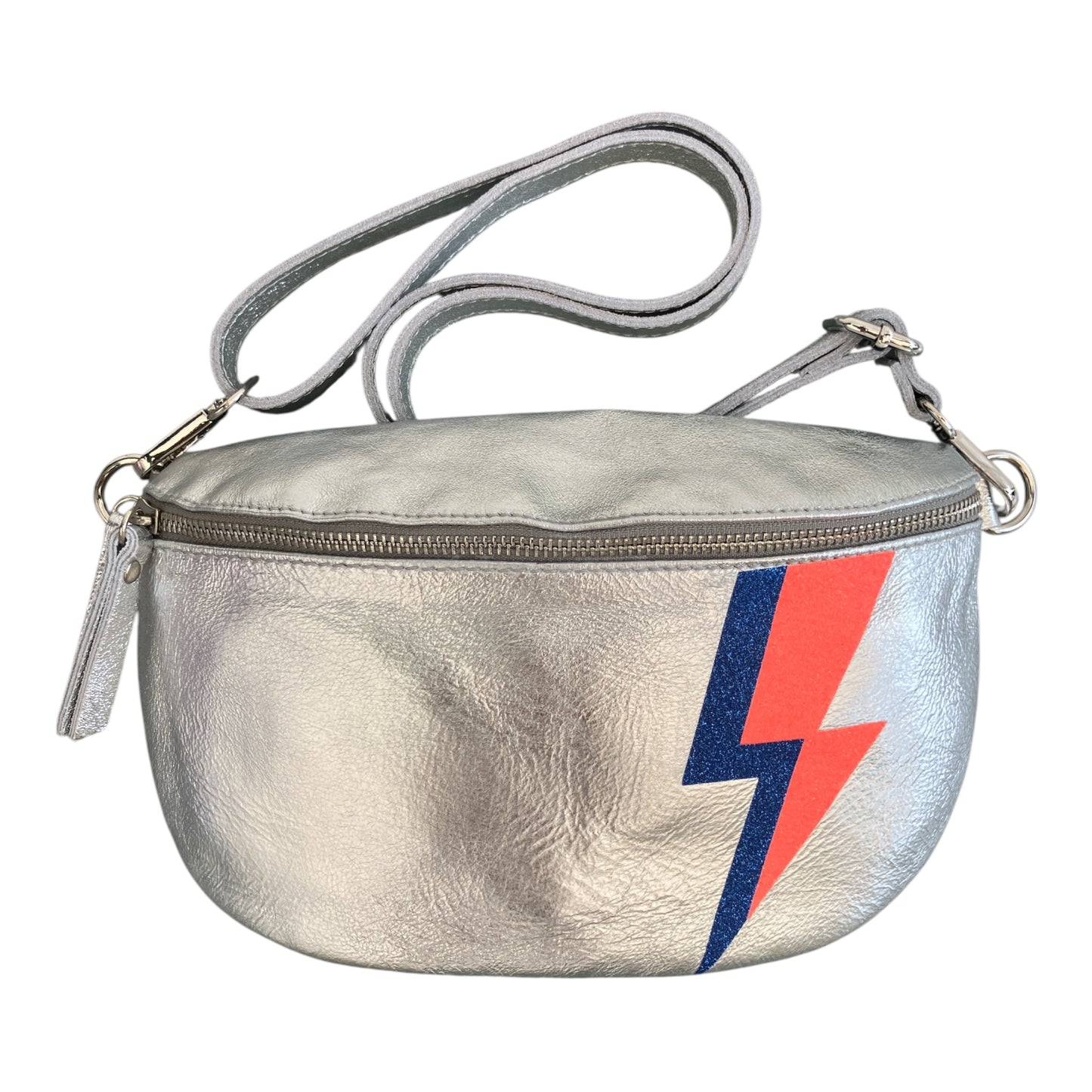 Superhero bum bag - silver, blue & fluro orange flash