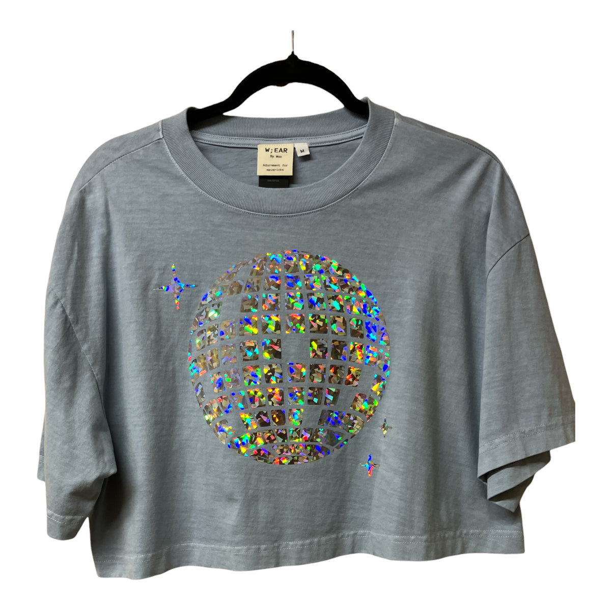 Disco Ball Washed Denim Cropped Tee M