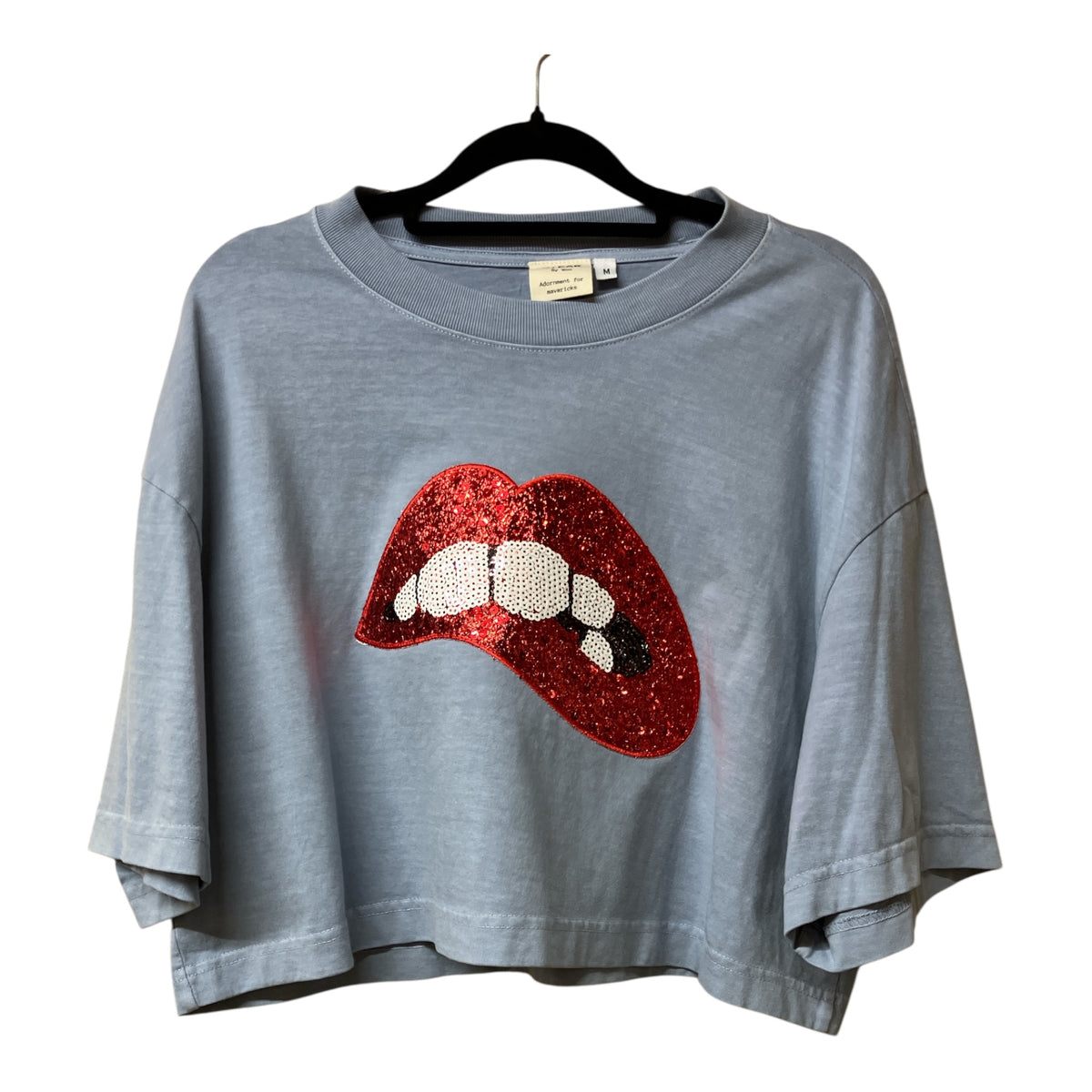 Lip Bite Washed Denim Cropped Tee M