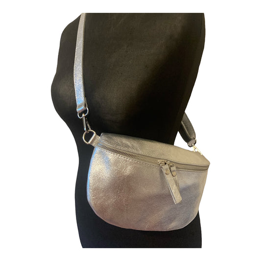 Leather crossbody/ belt bag silver
